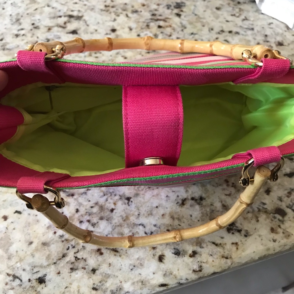 NWOT Tianni Striped Beach Canvas Purse Bag Bamboo Handles Gold Toned Hardware - Picture 5 of 10